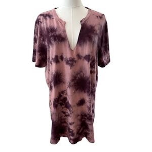 PINK Women's Medium Purple Tie Dye Ripped V-Neck Soft Tunic Casual T-Shirt